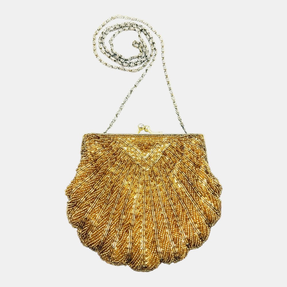 VTG La Regale Women's Evening Shoulder Purse Gold Beaded Clam Shell Gold Chain - Picture 4 of 13